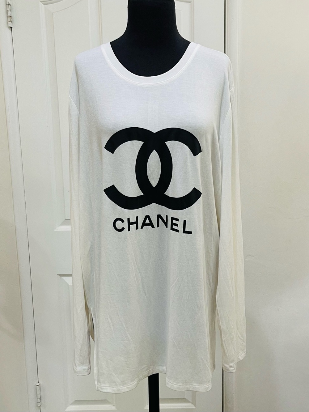White Long-Sleeve Logo Tee with Black CC Emblem